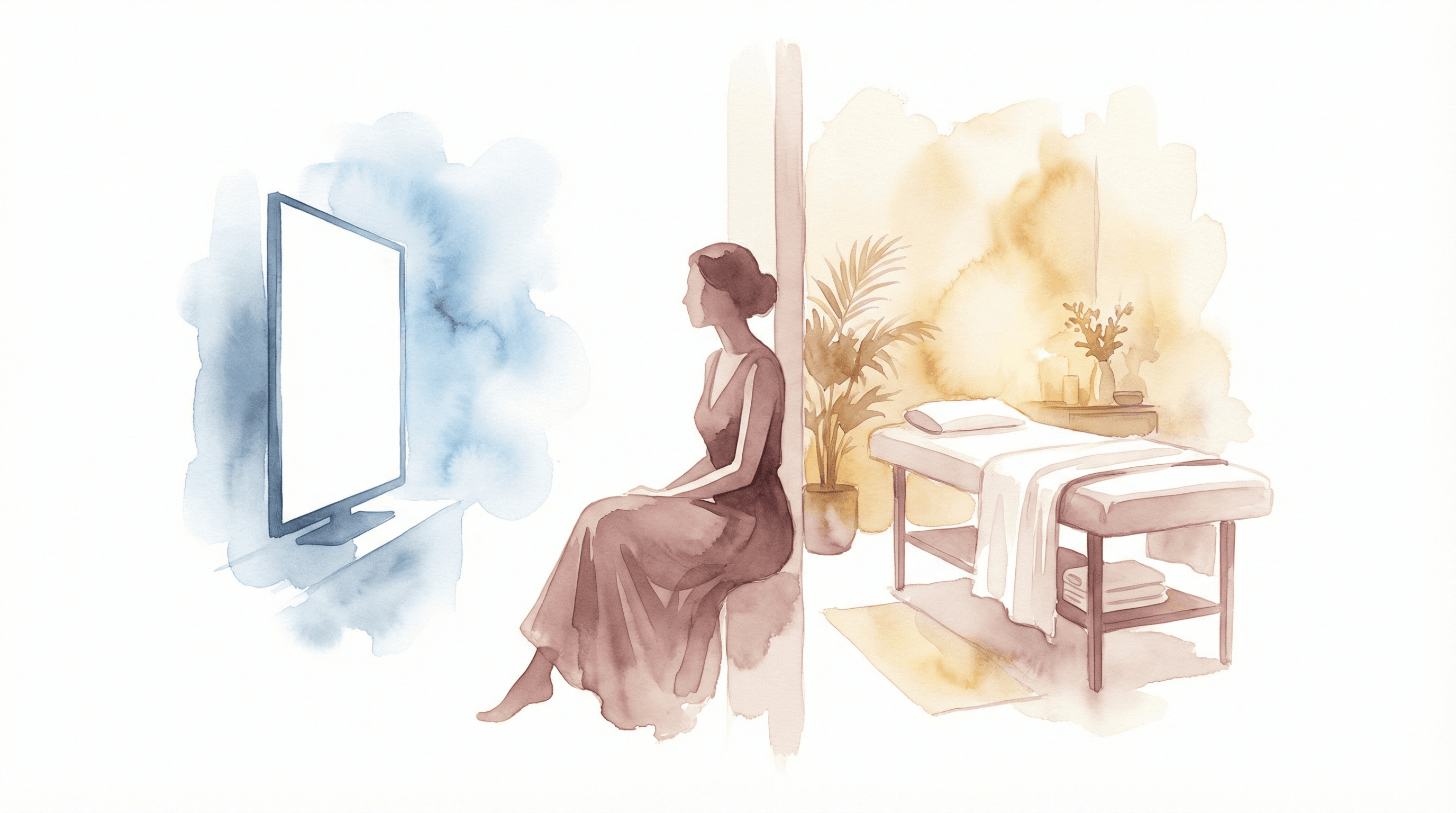 ドラマ『ジョフウ』と女性用風俗の現実を比較するイメージ — 水彩イラスト