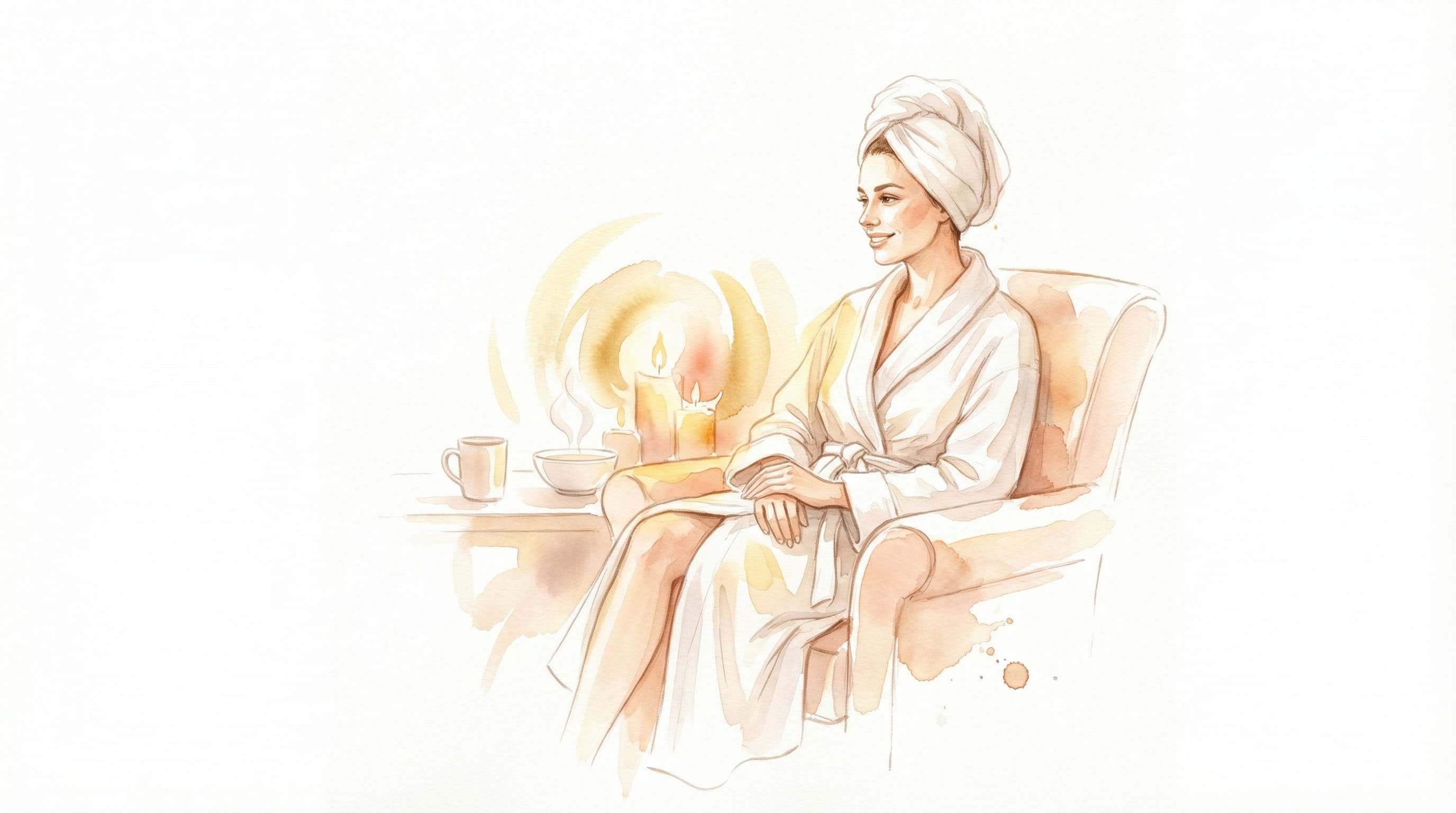 中イキ練習の第一歩 — お風呂上がりにキャンドルの灯りの中でリラックスする女性の水彩イラスト