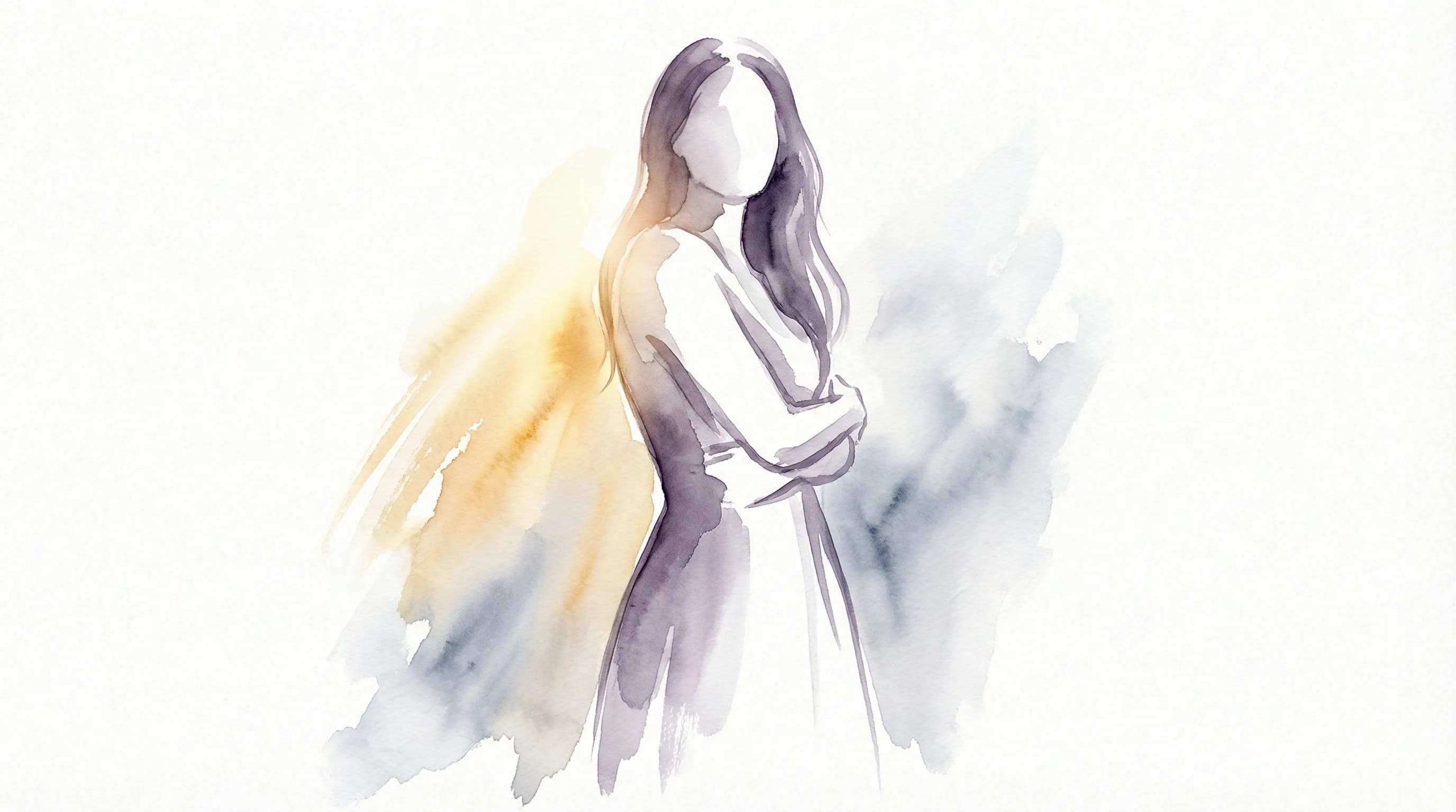罪悪感の正体 — 自分を抱きしめる女性のシルエットに温かな光が差し込む水彩イラスト