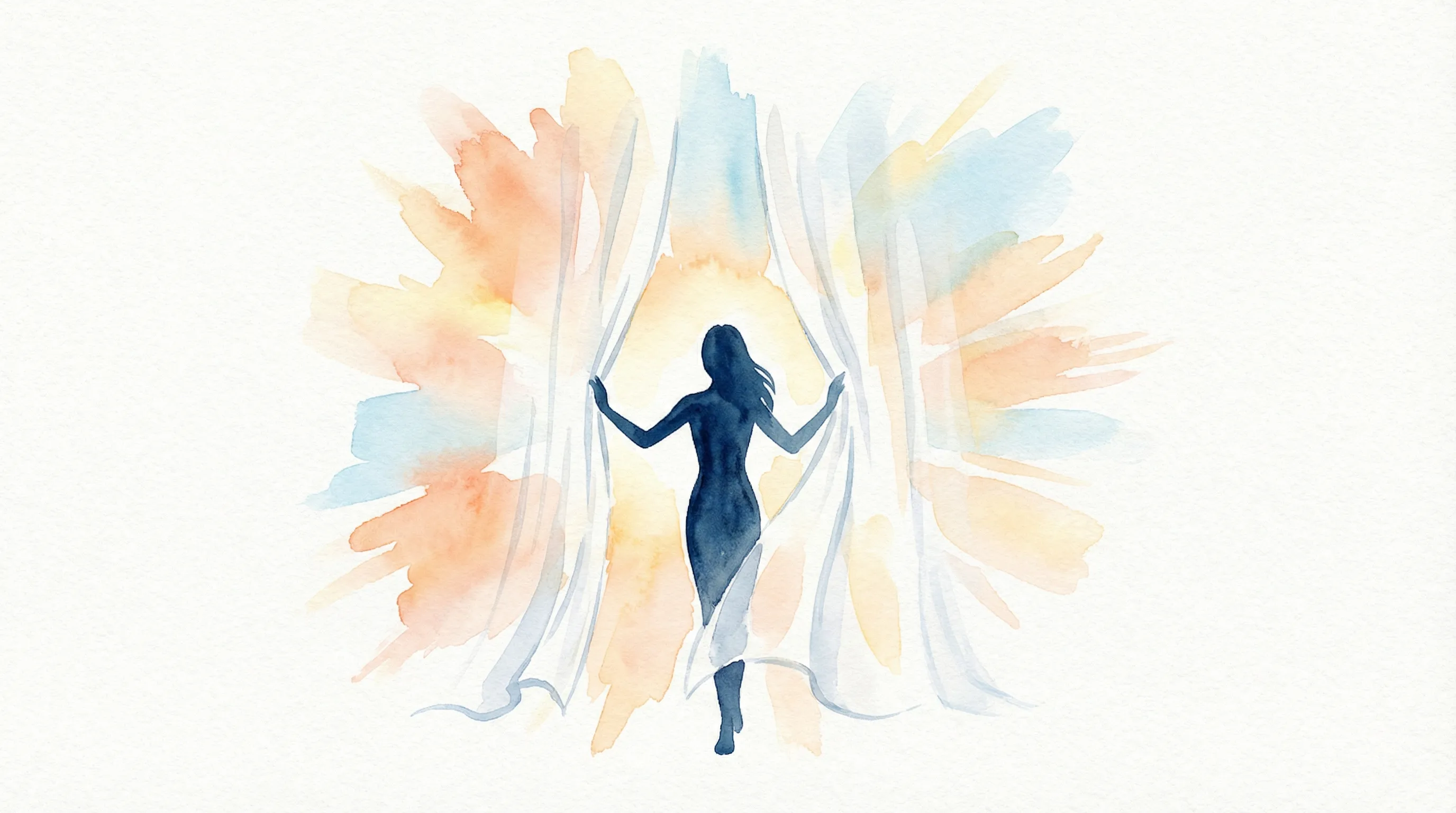 罪悪感を手放す — カーテンを開き朝日を浴びる女性のシルエット。希望と解放の水彩イラスト