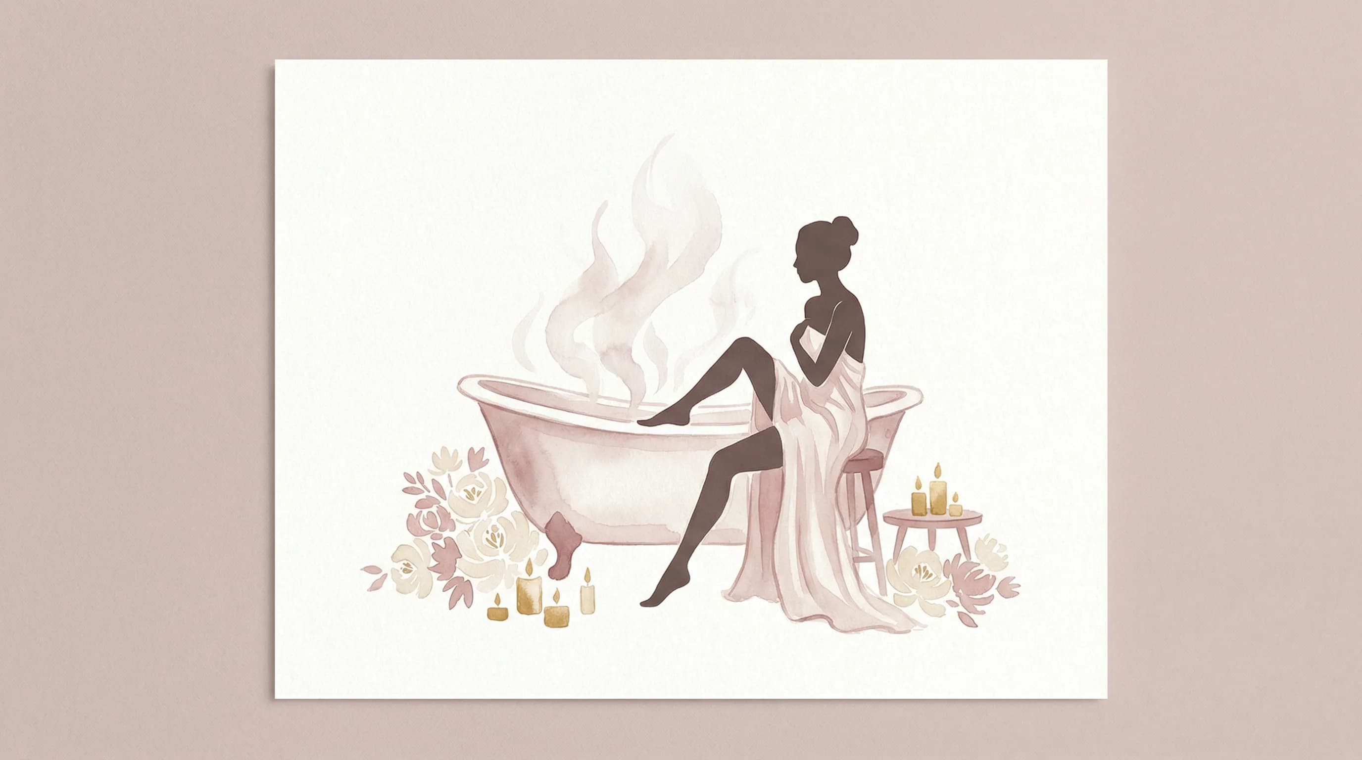 セルフケアとしてのセルフプレジャー — バスタブのそばでキャンドルと花に囲まれリラックスする女性の水彩イラスト