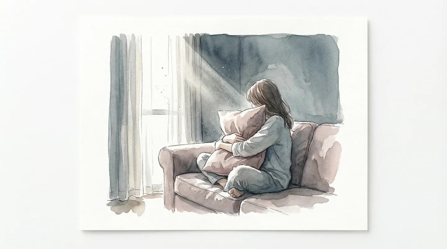 セックスレスが壊すもの - 暗い部屋でソファに一人座りクッションを抱える女性の水彩イラスト